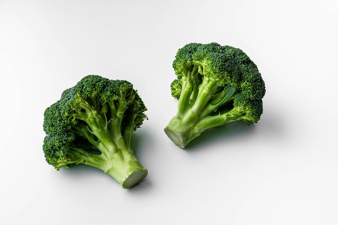 Overhead view of two broccoli florets showing trimmed stems and tight green crowns on white background