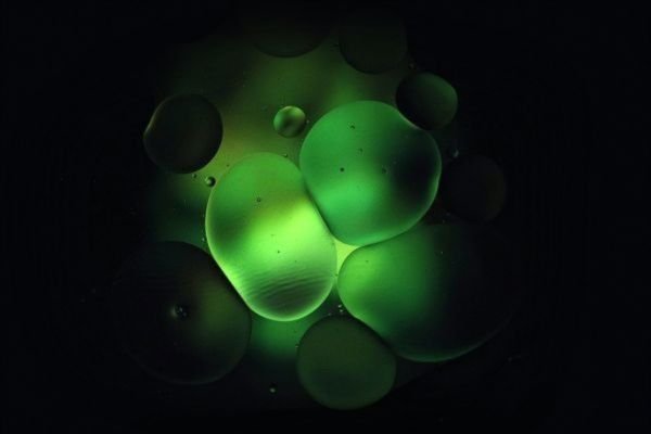 Abstract glowing green spheres representing the gut-skin axis