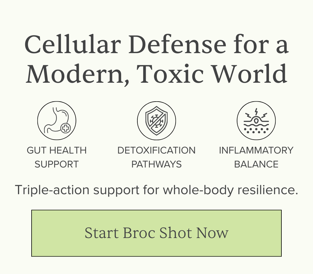 Banner: Cellular Defense for a Modern Toxic World; icons for gut health, detox, inflammatory balance; CTA Start Broc Shot