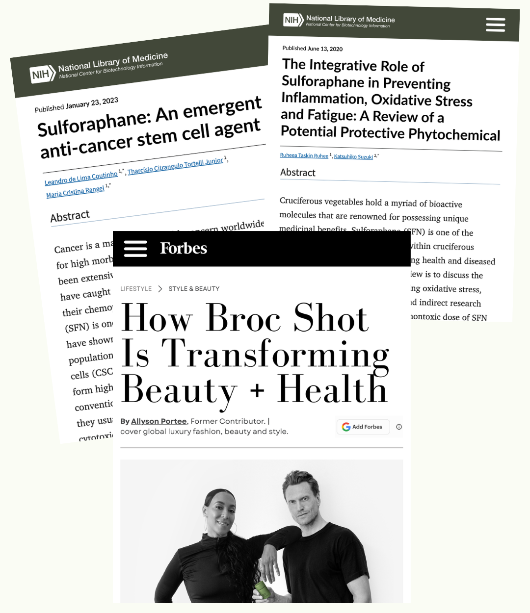 NIH sulforaphane articles and Forbes feature How Broc Shot Is Transforming Beauty & Health by Allyson Portee