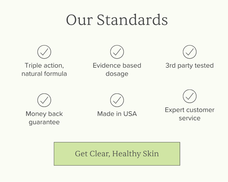 Checkmark icons with captions listing product standards and a 'Get Clear, Healthy Skin' button