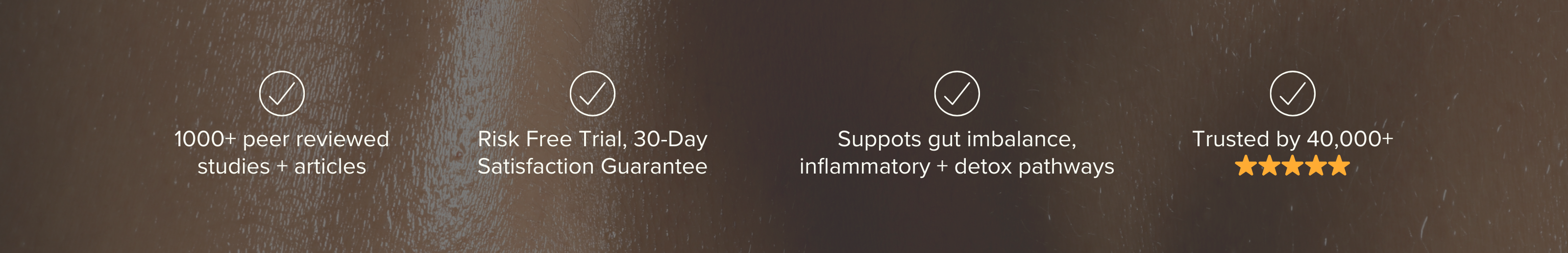 Four check-mark features: peer-reviewed studies; 30-day risk-free trial; gut support pathways; trusted by 40,000+