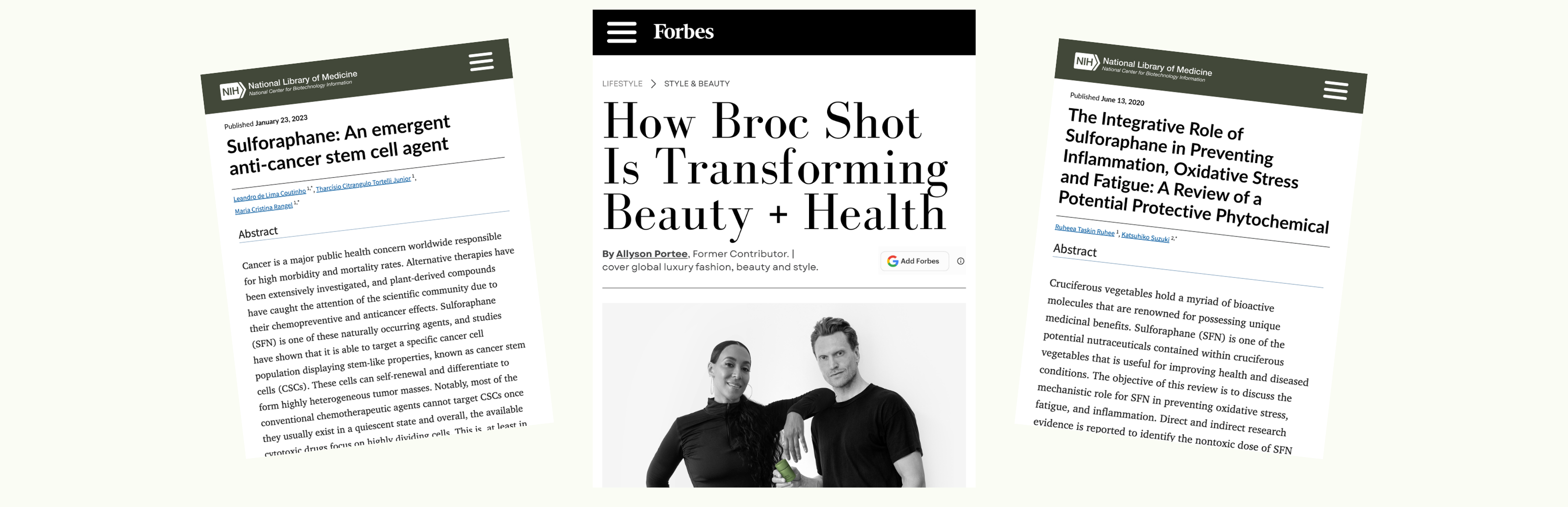 Three article screenshots: Forbes How Broc Shot Is Transforming Beauty + Health and two NIH sulforaphane articles.
