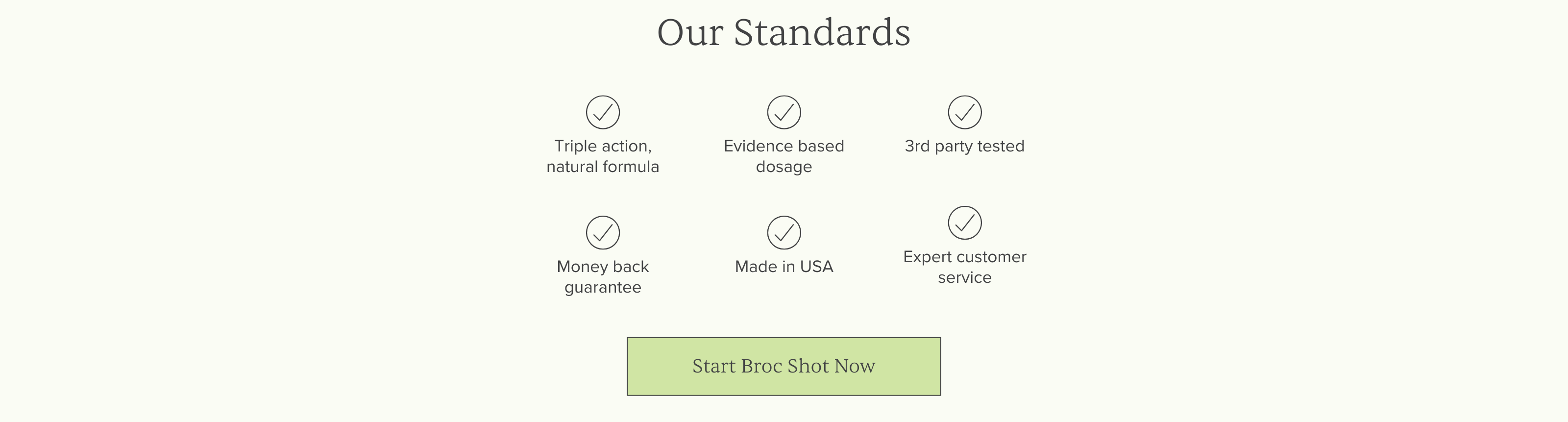 Our Standards banner with checkmarks: triple-action formula; evidence-based dosage; 3rd-party tested; Made in USA