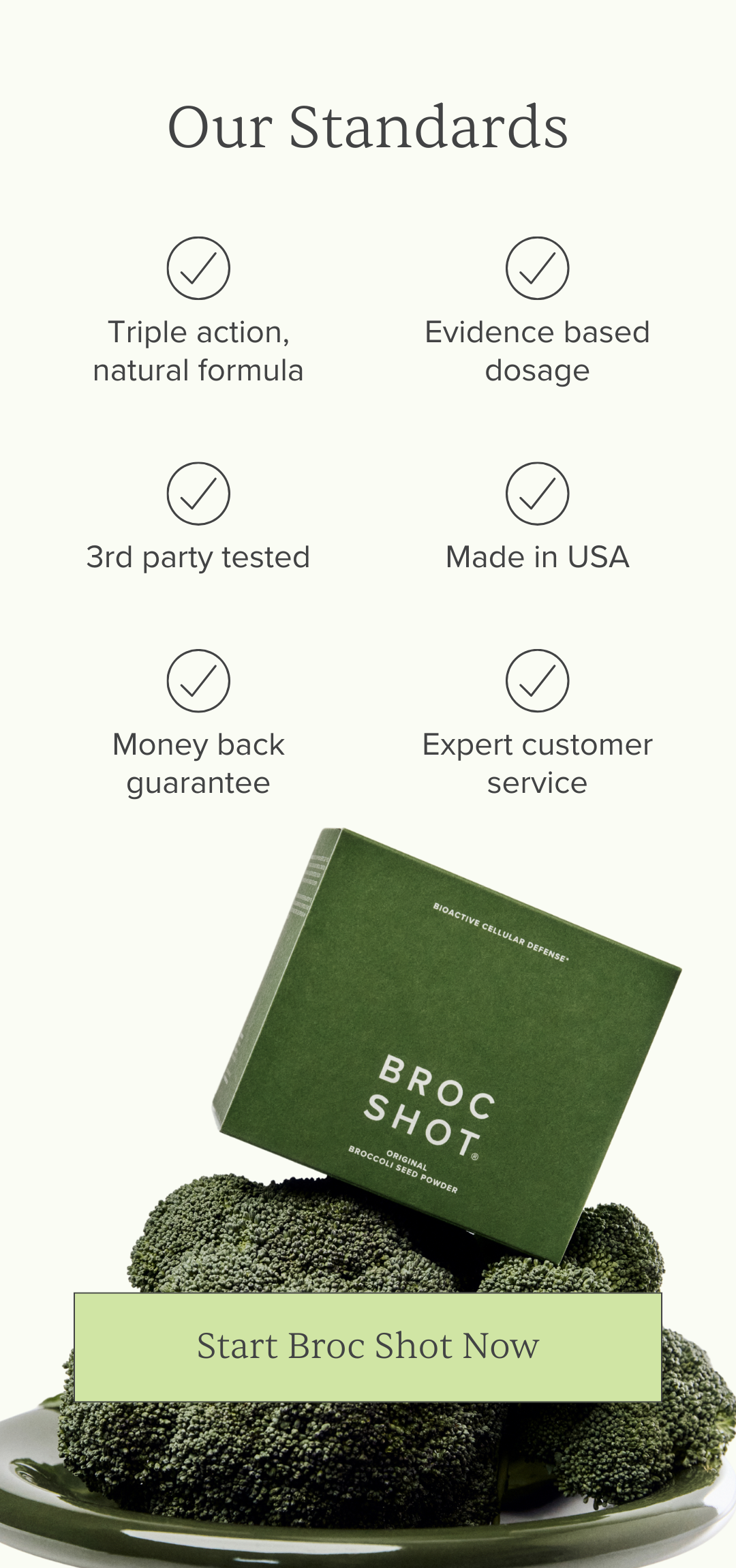 Tilted Broc Shot product box resting on broccoli, checklist of six standards and a 'Start Broc Shot Now' call-to-action.