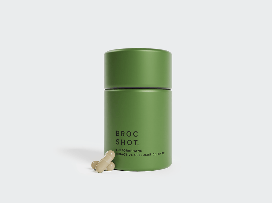 Green supplement jar labeled BROC SHOT. SULFORAPHANE BIOACTIVE CELLULAR DEFENSE, two beige capsules at base.