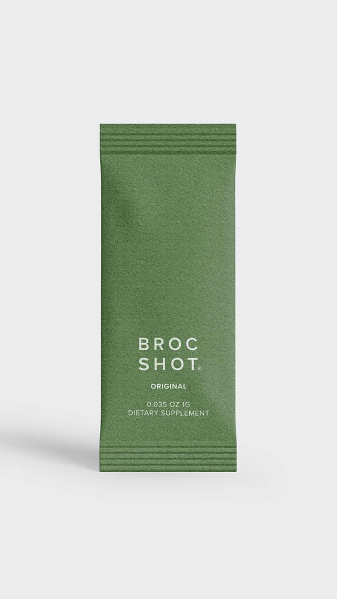 Front view of Broc Shot Original sachet showing green packet labeled BROC SHOT ORIGINAL 0.035 OZ 1G DIETARY SUPPLEMENT on white background