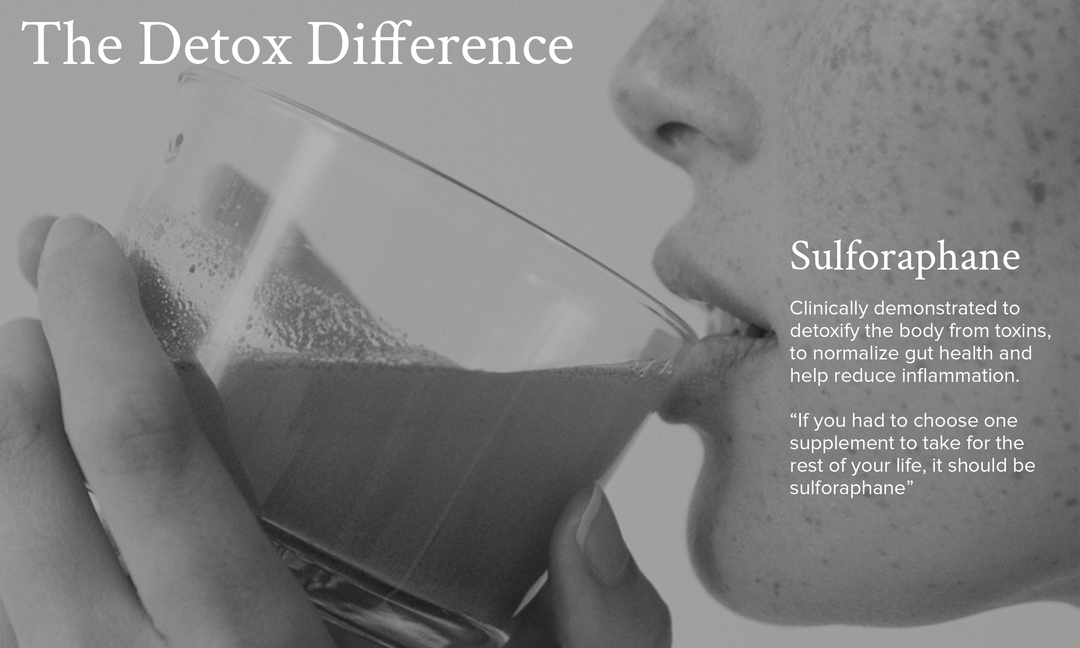 Close-up of someone drinking a detox shot, overlay 'The Detox Difference' and callout 'Sulforaphane: clinically demonstrated to detoxify the body'
